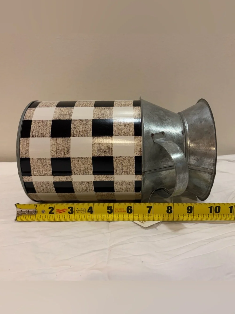 NWT CWI Collection Black and White Buffalo Check Metal Milk Can Vase